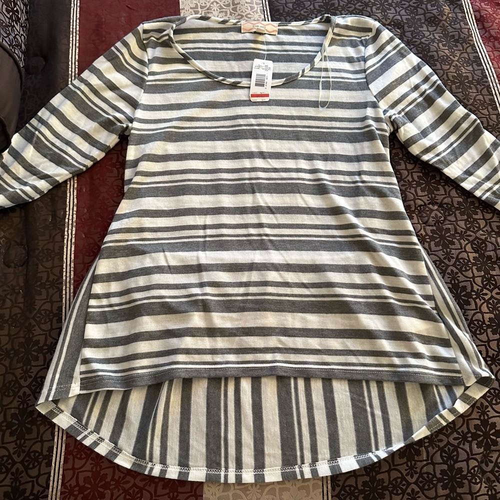 Pink Rose Gray Striped Long Sleeve Top
